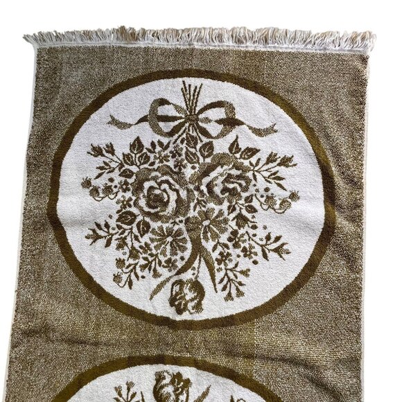 Sears Bath Towels USA Set of 2 MCM 70s Green Sculpted Floral Tapestry Fringe - Picture 8 of 13